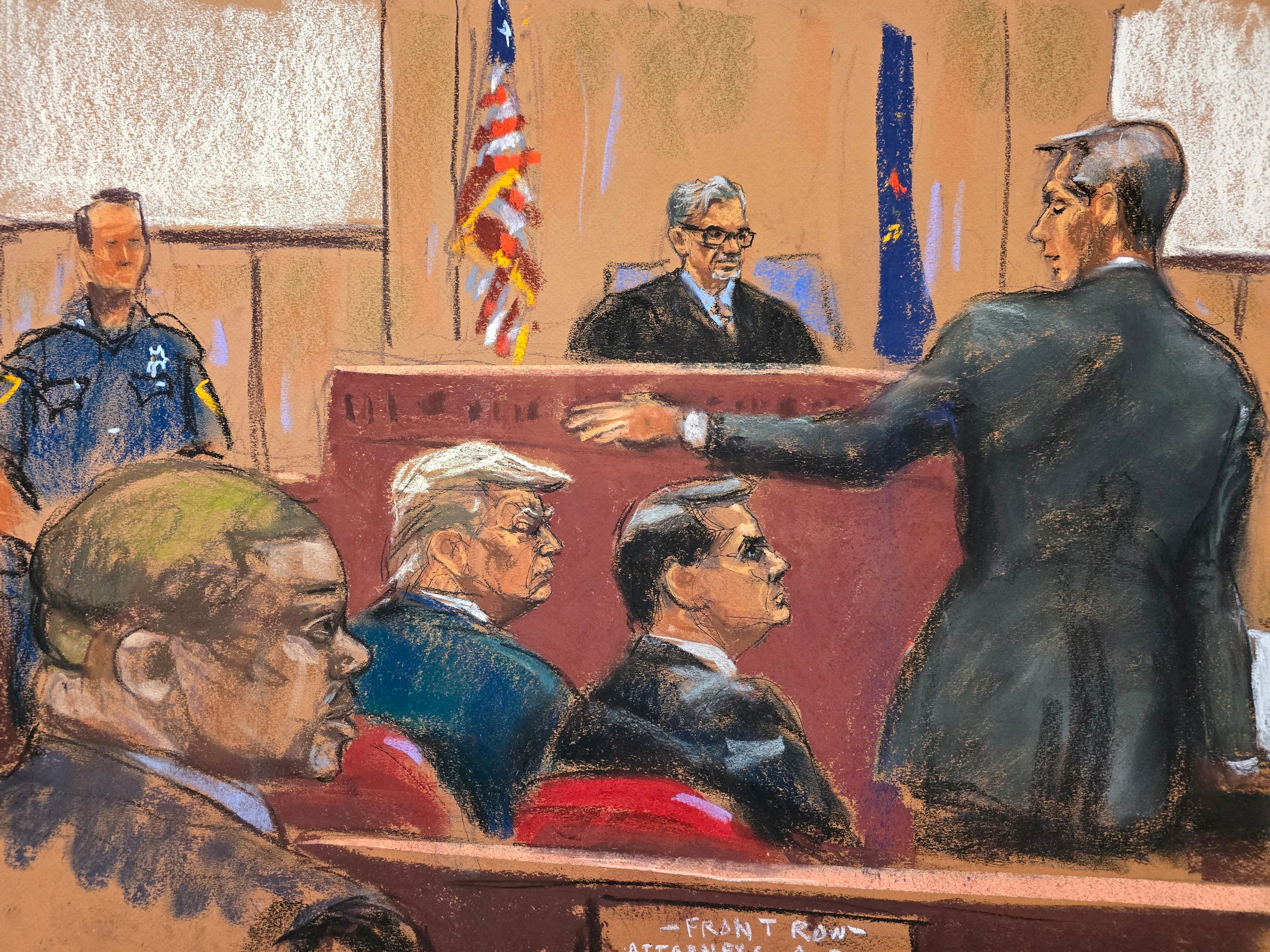A courtroom sketch depicts Donald Trump sitting with his attorney Todd Blanche while Manhattan prosecutor Matthew Colangelo delivers opening statements on 22 April
