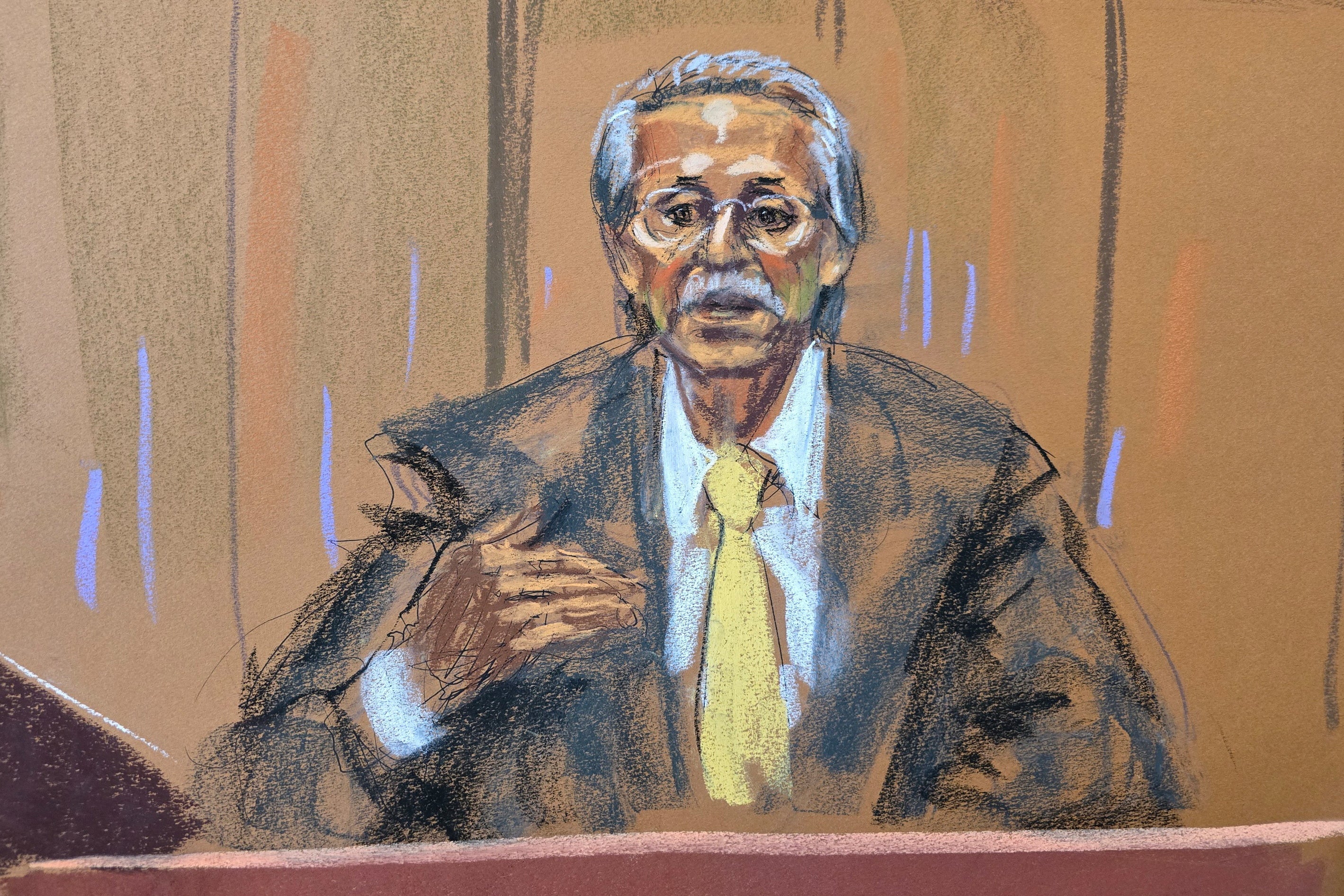 Former National Enquirer publisher David Pecker speaks from the witness stand