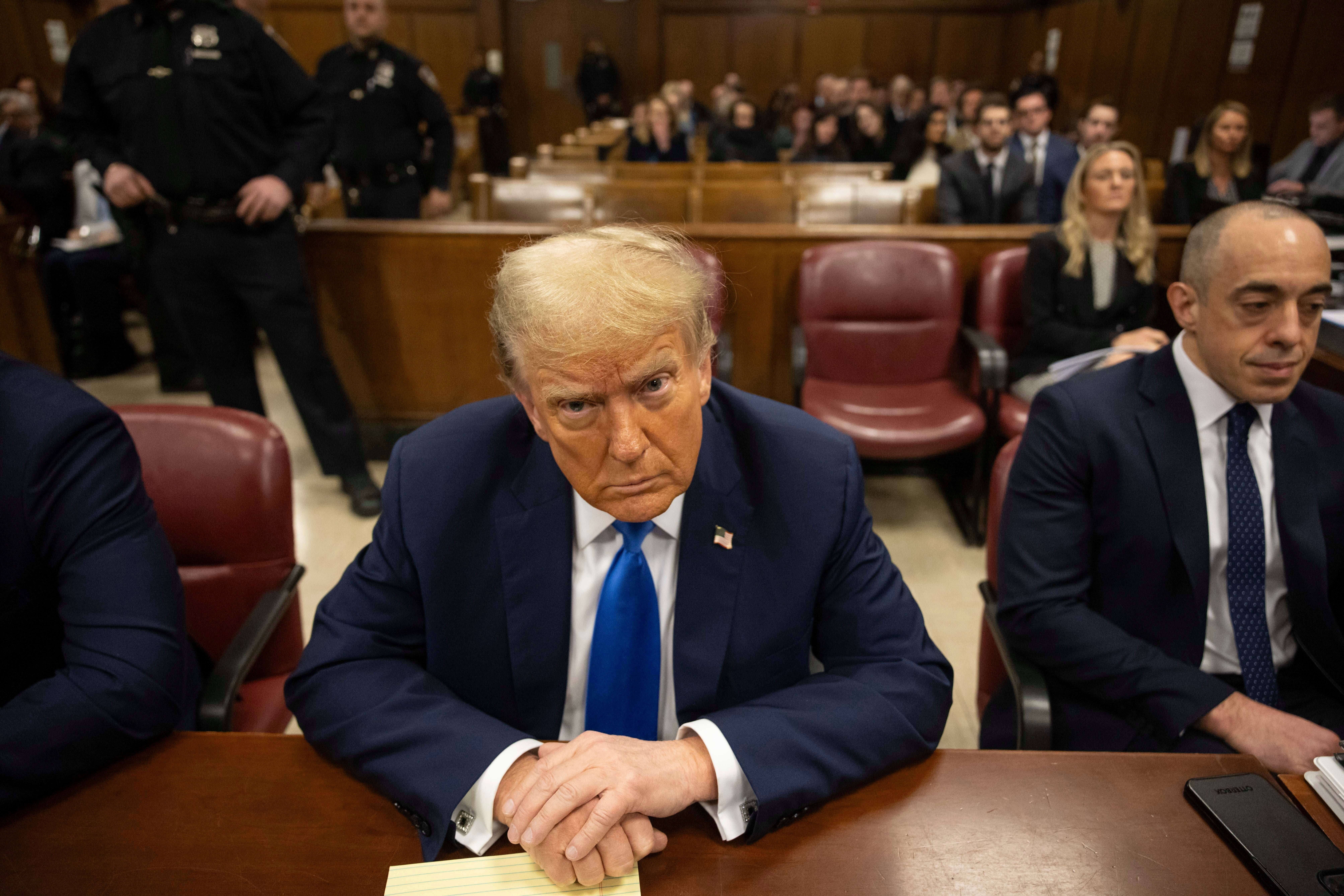 Donald Trump in court on 22 April 2024 before opening arguments got under way in his Manhattan criminal trial
