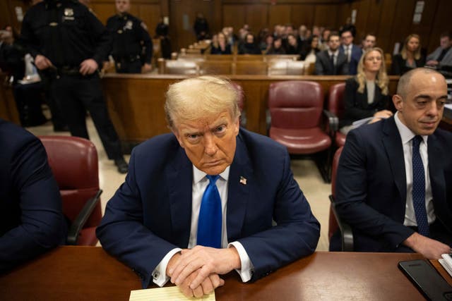 <p>Donald Trump in court on 22 April 2024 before opening arguments got under way in his Manhattan criminal trial </p>