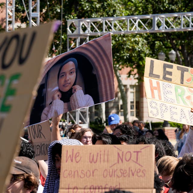 <p>Students hold up a photo of University of Southern California 2024 valedictorian Asna Tabassum in protest to her canceled commencement speech on the campus of University of Southern California on Thursday, April 18, 2024.</p>