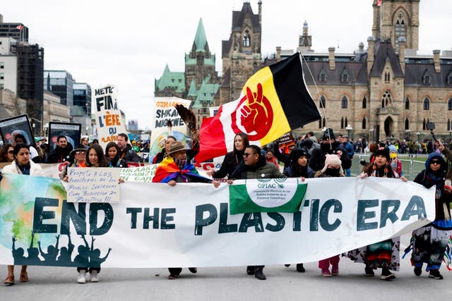 <p>People participate in a March to End the Plastic Era on Parliament Hill in Ottawa, Ontario</p>