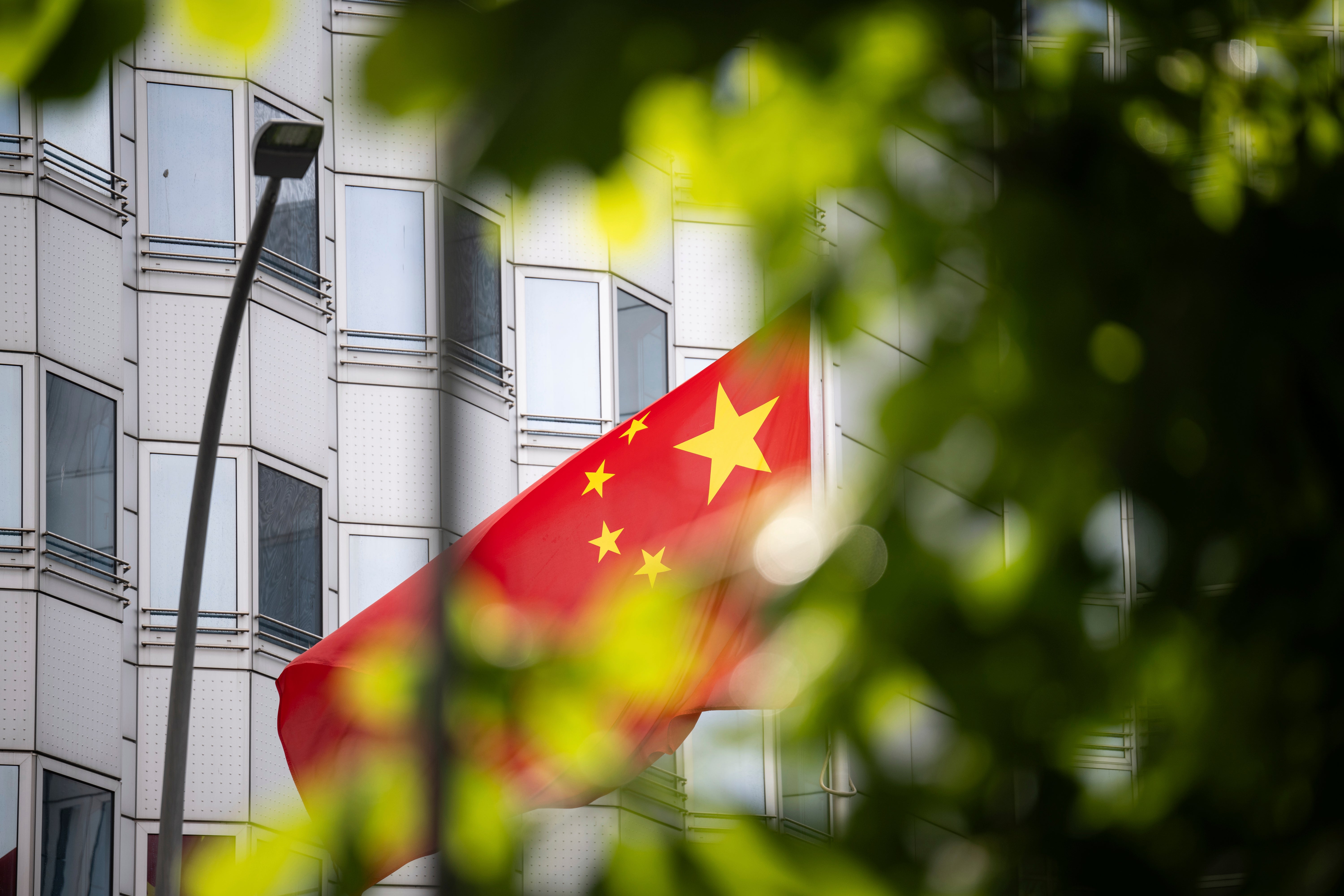 China’s flag flies in front of the embassy of China in Berlin, Germany, Monday, April 22, 202