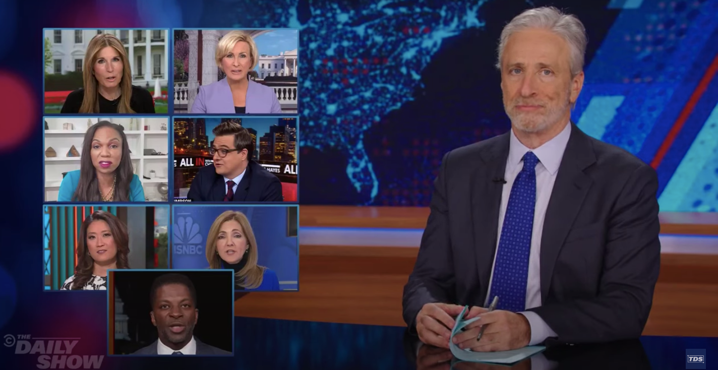 Jon Stewart on Monday night slammed the media for devoting so much coverage to Donald Trump’s hush money trial