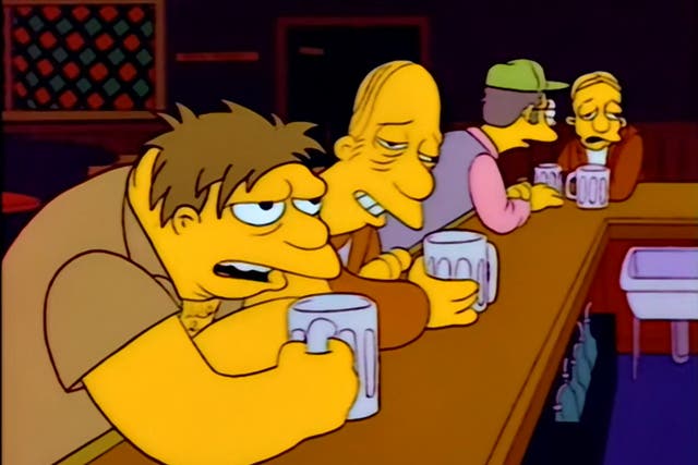 <p>Barney Gumble and Larry the barfly in the Simpsons episode ‘Duffless’. This still sees Larry drawn twice in an animation error</p>