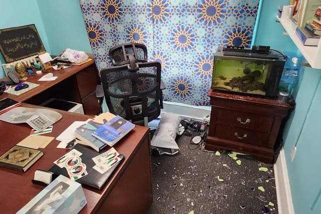 <p>Damage at the Centre of Islamic Life at Rutgers University, New Jersey. Jacob Beacher, 24, has been charged following the destruction </p>