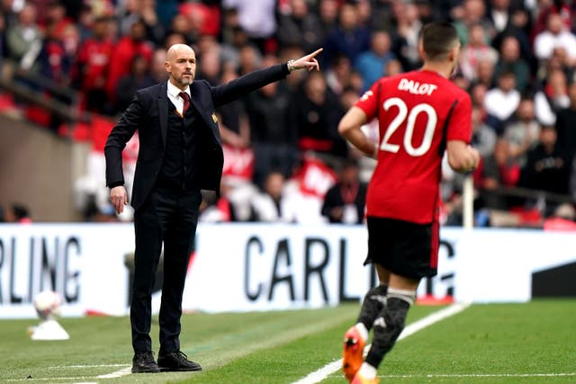 <p>Manchester United manager Erik ten Hag gestures on the touchline during the Emirates FA Cup semi-final match at Wembley Stadium, London. Picture date: Sunday April 21, 2024.</p>