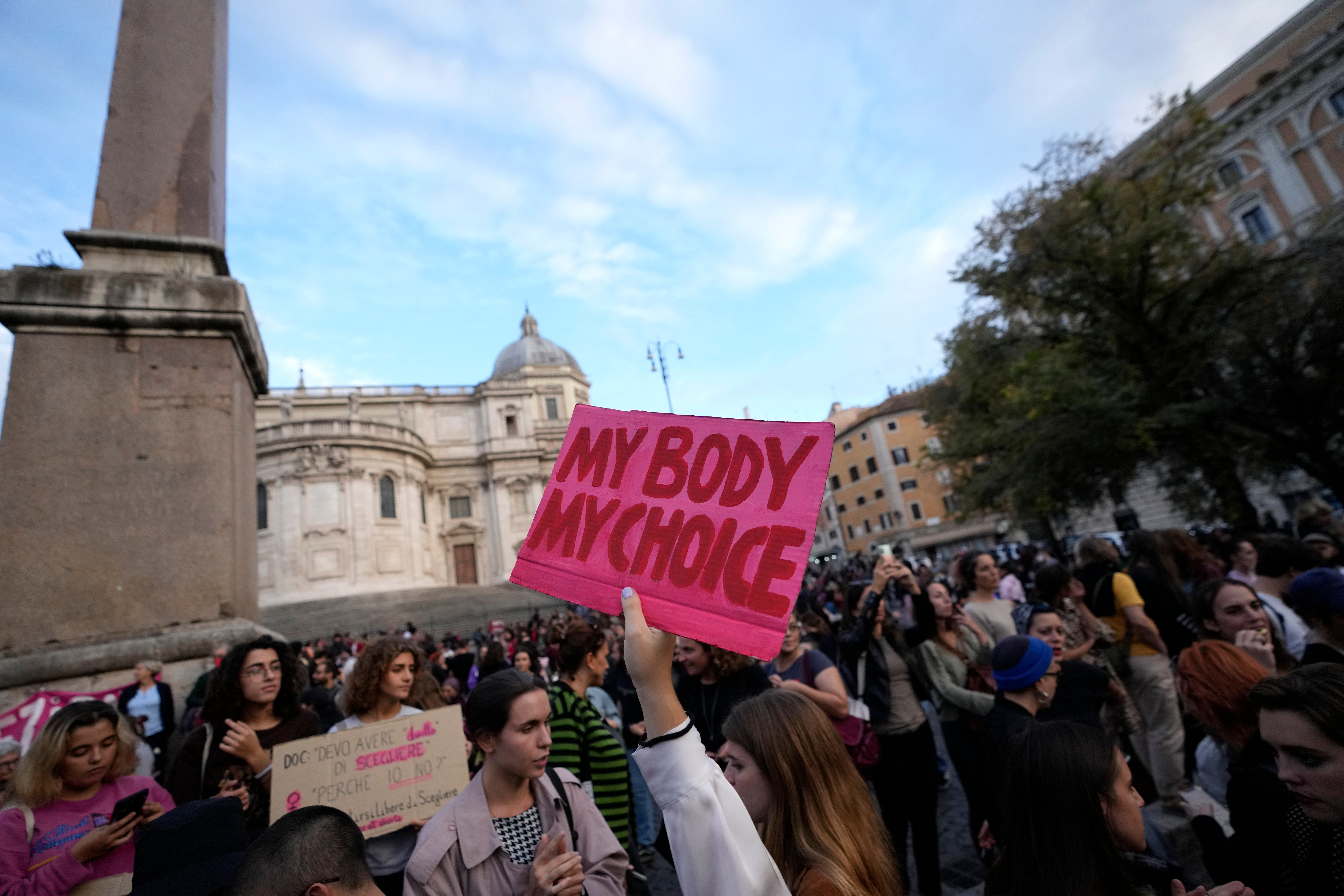 People stage a protest on 'International Safe Abortion Day' to ask for more guarantees on the enforcement of the abortion law that they claim is seriously endangered by the high rate of doctors' conscientious objection in the country, in Rome,