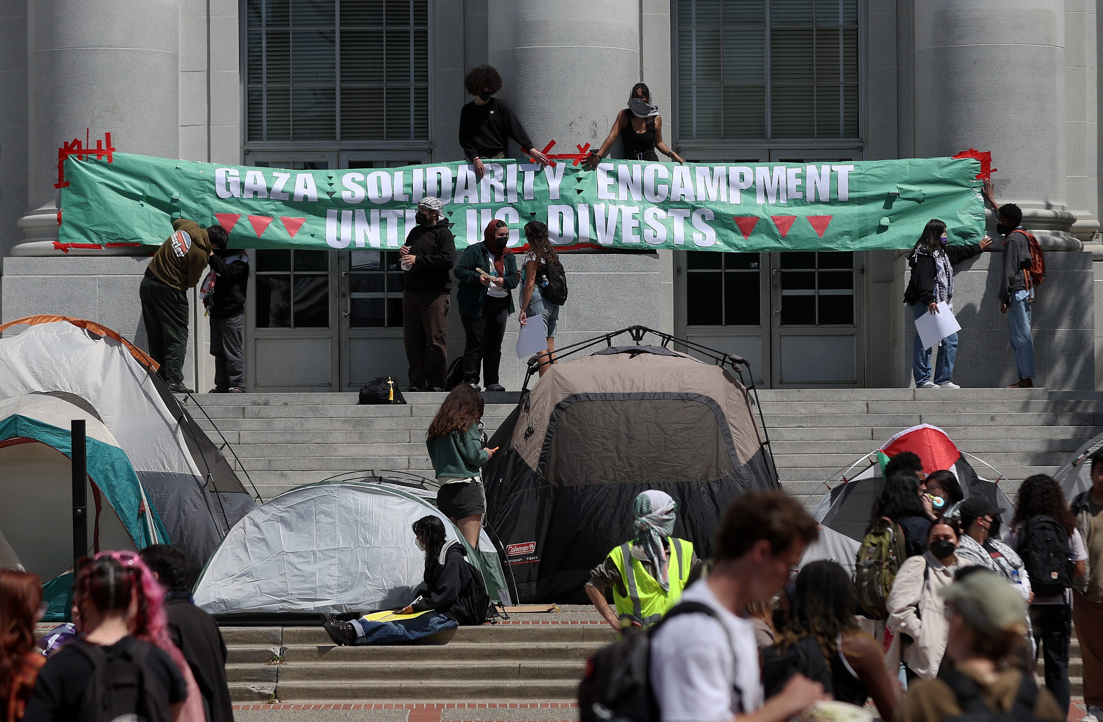 Pro-Palestinian protesters set up a tent encampment in front of Sproul Hall on the UC Berkeley campus on April 22, 2024 in Berkeley, California.