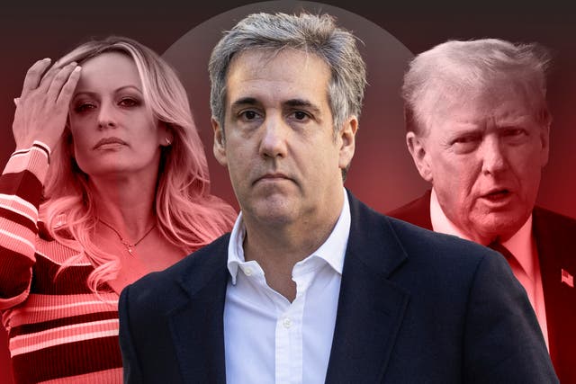 <p>Former Trump fixer Michael Cohen, flanked by Stormy Daniels and the former president </p>