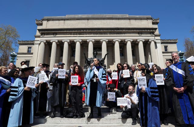 <p>Columbia University faculty members staged a demonstration on Monday, condemning last week’s arrests of some 100 pro-Palestine student protestors </p>
