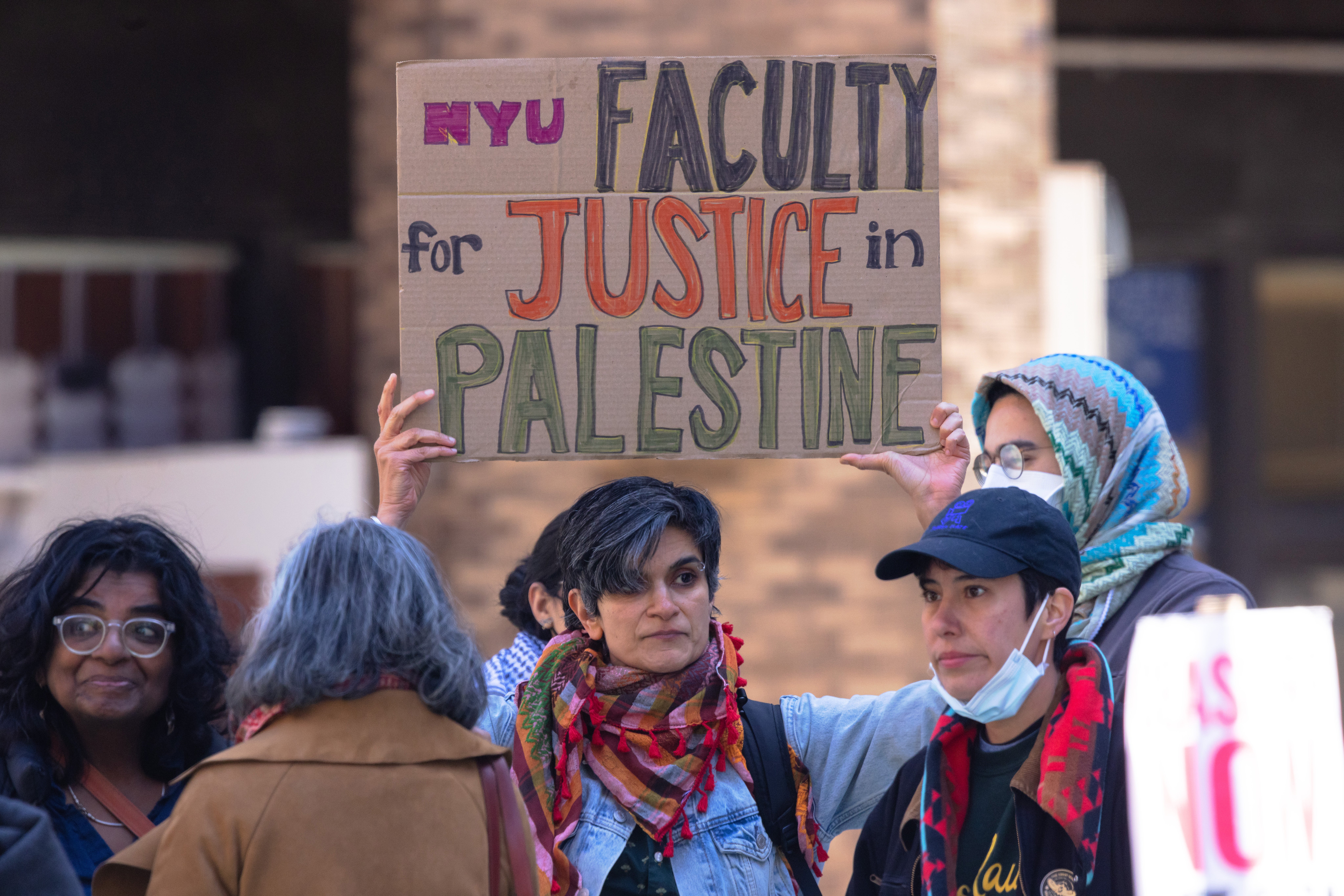 New York University students set up a ‘liberated zone’ tent encampment in Gould Plaza at NYU Stern School of Business on 22 April 2024