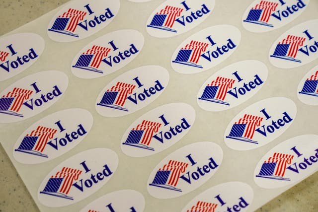 <p>‘I Voted’ stickers are set out at a polling station in Newtown, Pennsylvania, on Tuesday</p>
