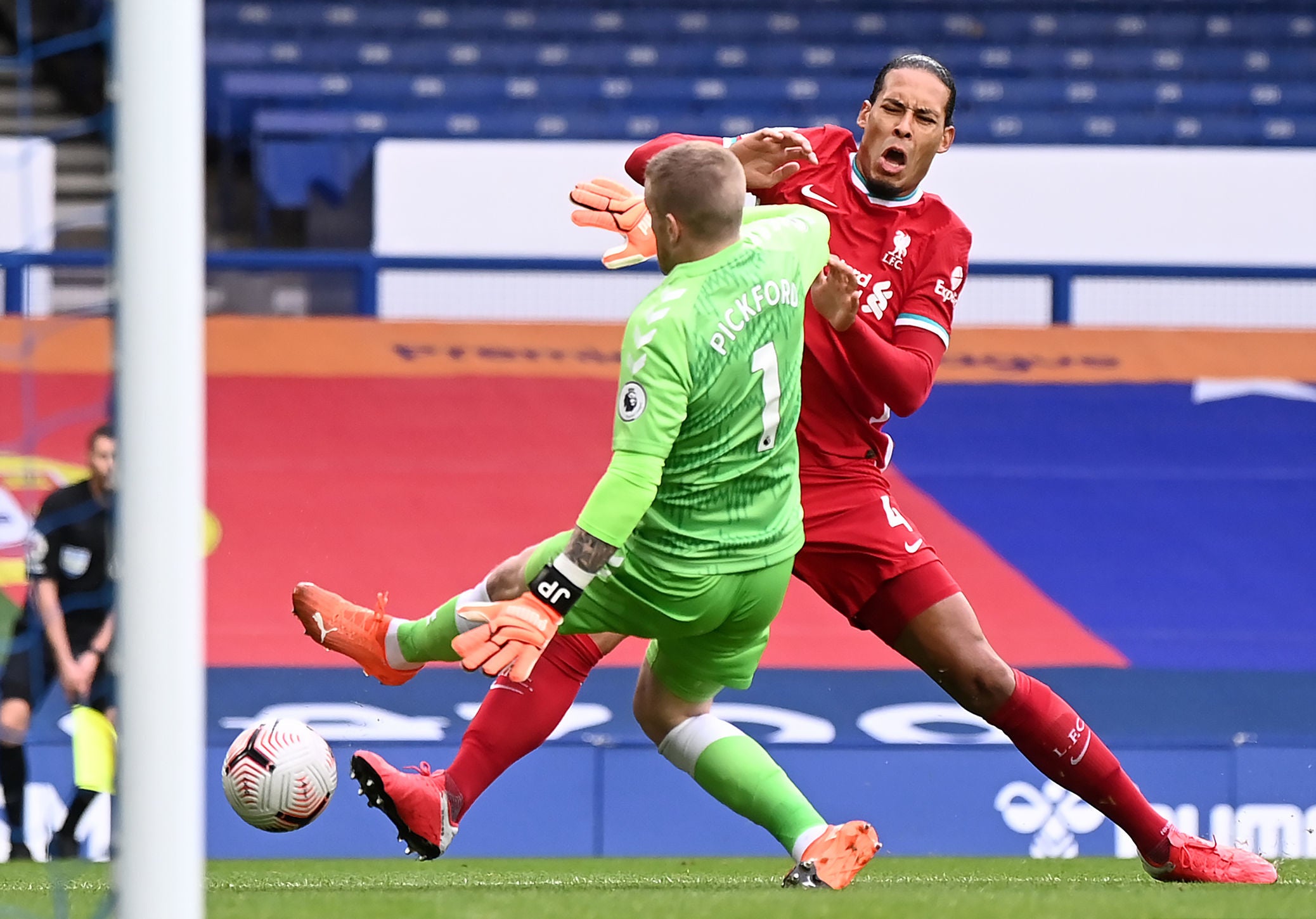 The 2020-21 clash saw Jordan Pickford’s rash tackle injure Virgil van Dijk