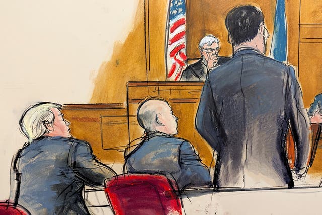 <p>A courtroom sketch depicts David Pecker on the witness stand during his first day of testimony on 22 April. He continued testifying on 23 April. </p>