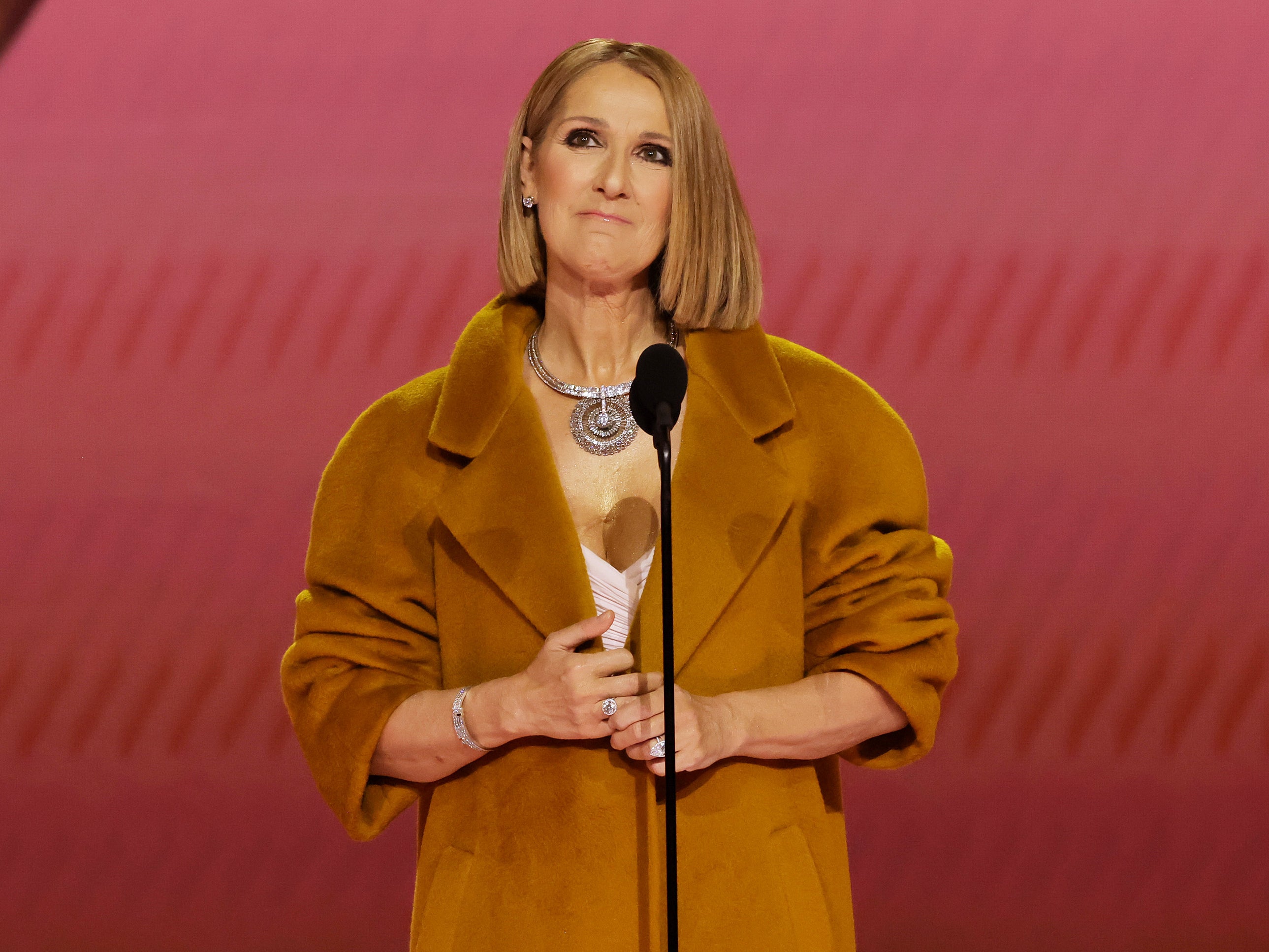 Celine Dion speaks onstage during the 66th GRAMMY Awards