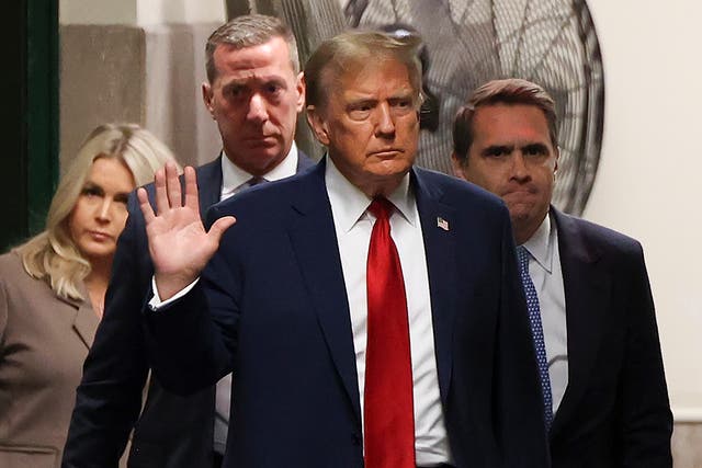 Former U.S. President Donald Trump returns to the courtroom after a recess in his criminal trial for allegedly covering up hush money payments at Manhattan Criminal Court on April 23, 2024 in New York City. Former U.S. President Donald Trump faces 34 felony counts of falsifying business records in the first of his criminal cases to go to trial