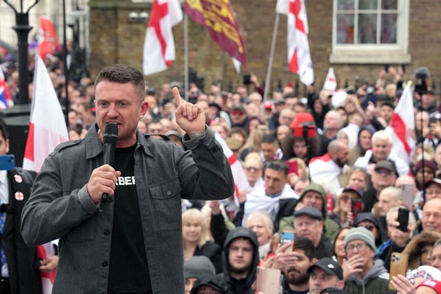 Tommy Robinson speaking during a St George’s Day event on Whitehall, in Westminster, central London (Jordan Pettitt/PA)