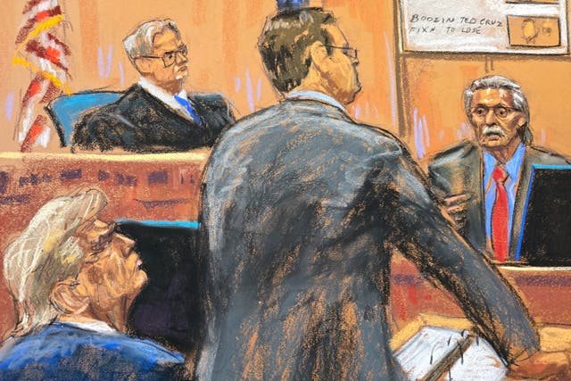 Former U.S. President Donald Trump watches as prosecutor Joshua Steinglass questions David Pecker before Justice Juan Merchan during Trump's criminal trial on charges that he falsified business records to conceal money paid to silence porn star Stormy Daniels in 2016, in Manhattan state court in New York City, U.S. April 23, 2024