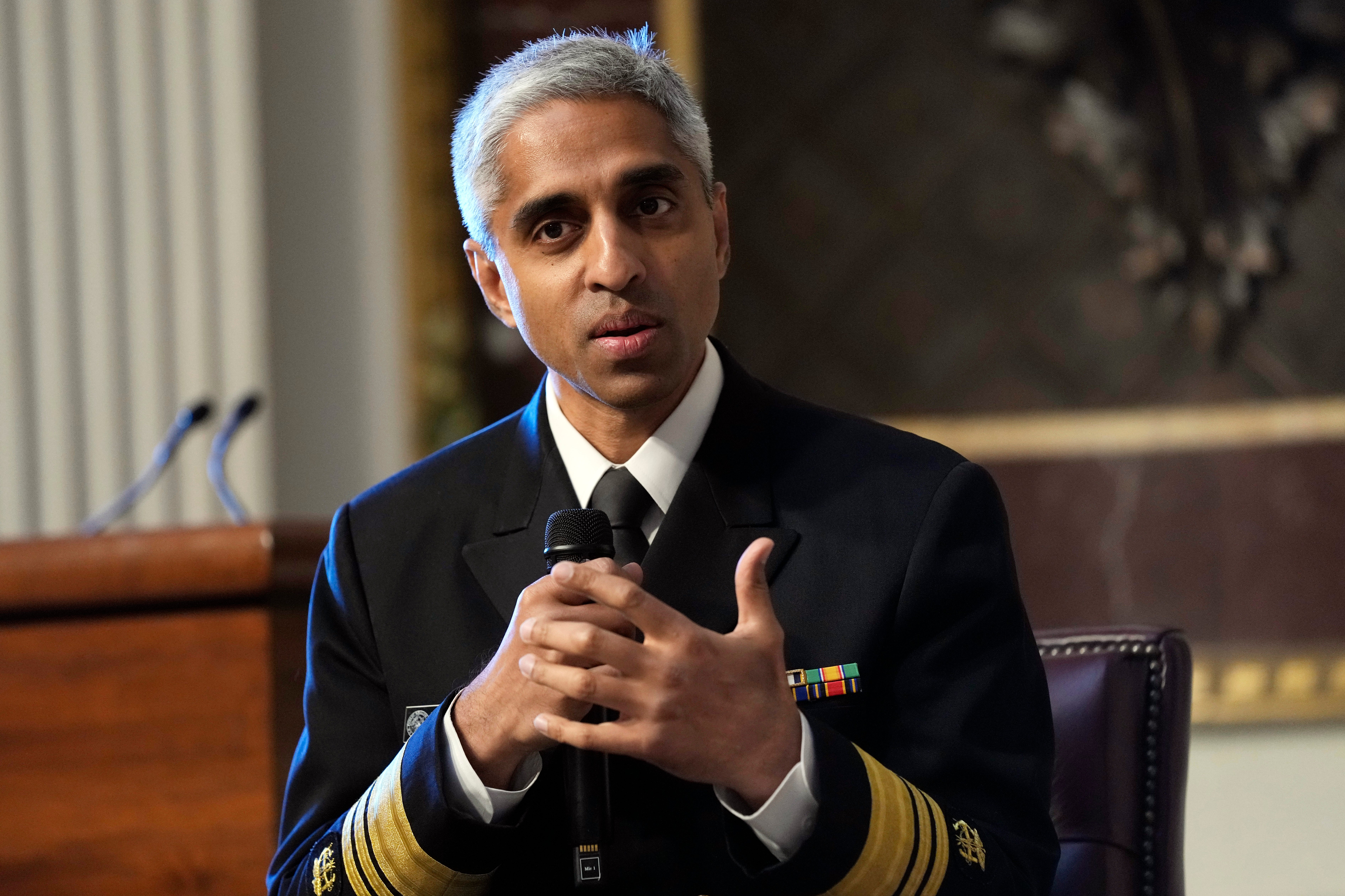 Surgeon General Dr. Vivek Murthy speaks during an event on the White House complex in Washington, Tuesday, April 23, 2024