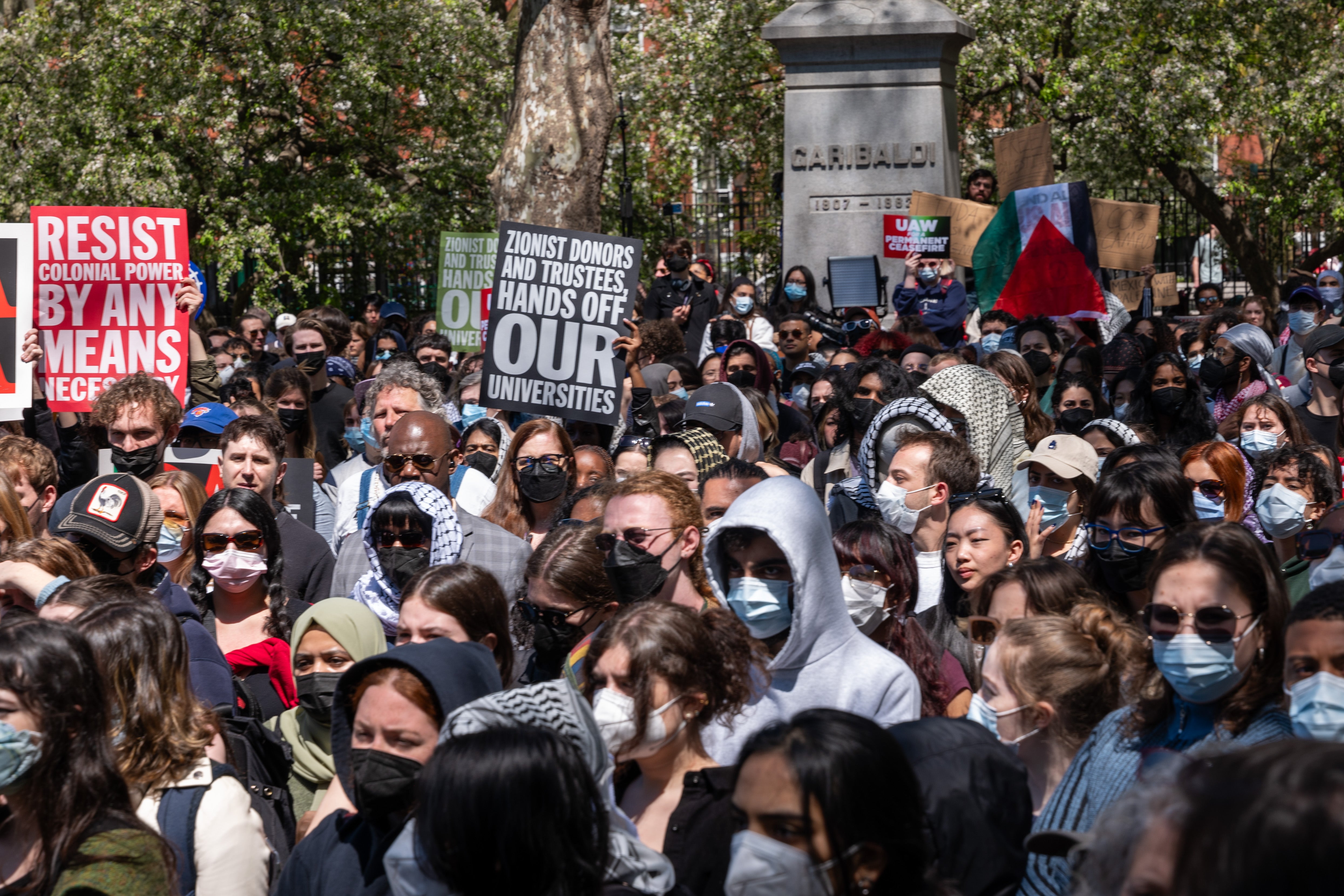 New York University (NYU) students and faculty participate in a pro-Palestinian protest at Washington Square Park on 23 April. Police arrested some 150 people the previous day