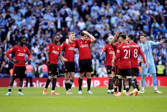 Manchester United players during the FA Cup semi-final penalty shootout (Nick Potts/PA)