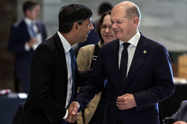 <p>Prime Minister Rishi Sunak holds a bilateral meeting with Germany’s Chancellor Olaf Scholz during the European Political Community summit in Granada, Spain. Picture date: Thursday October 5, 2023.</p>