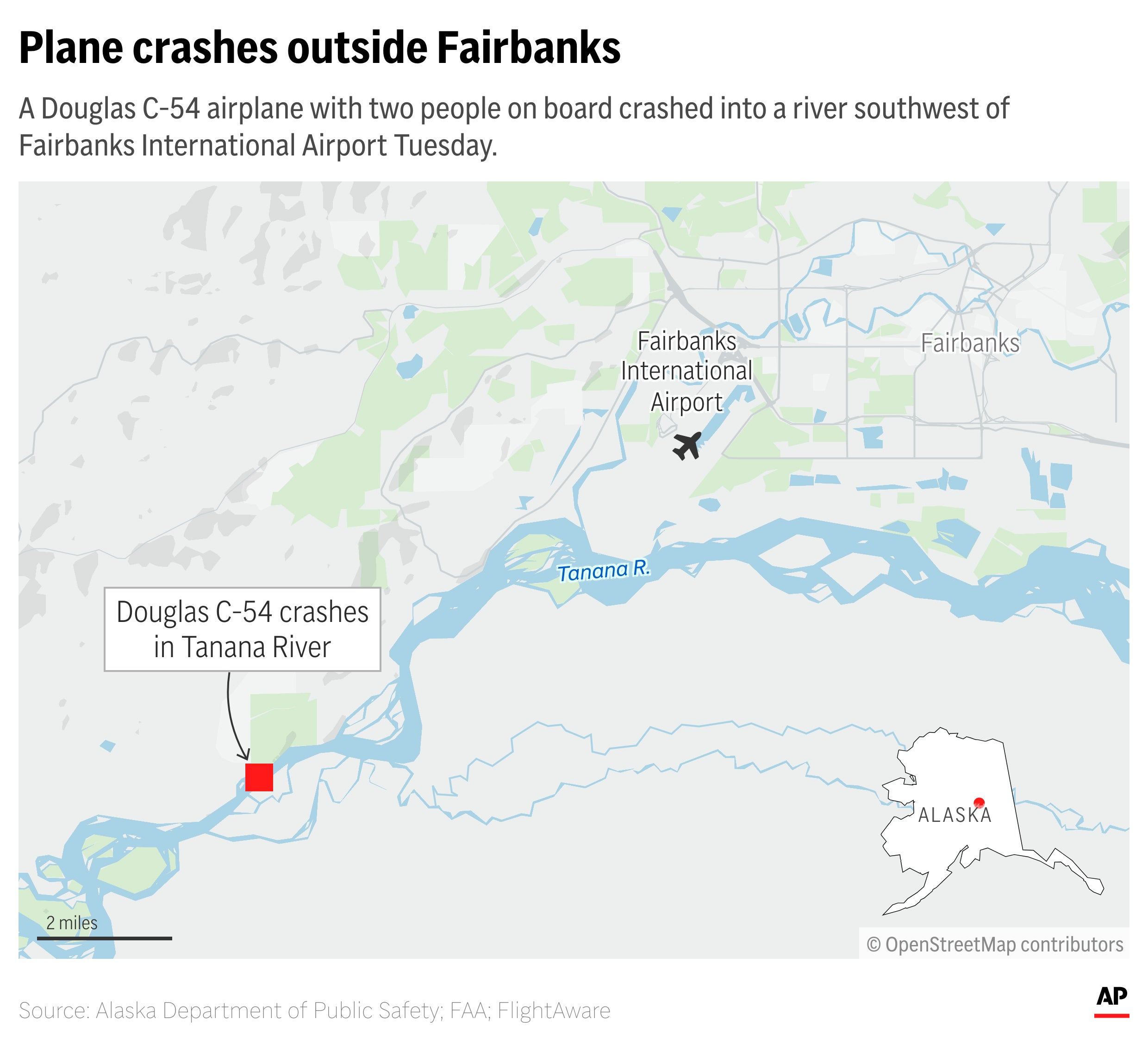 The plane, a Douglas DC-4, was carrying two people when it crashed on Tuesday morning, shortly after taking off from Fairbanks International Airport
