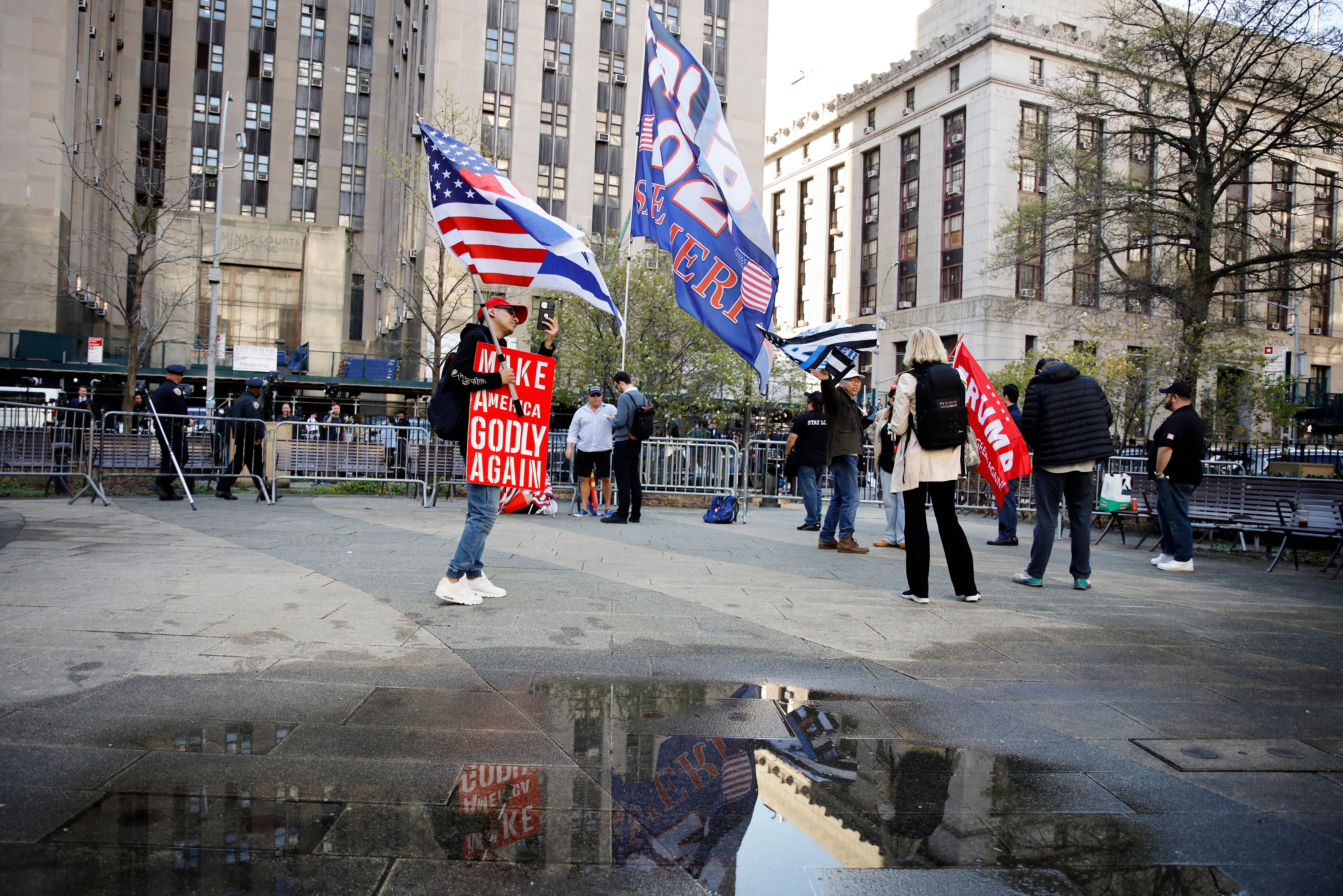 Supporters of former President Donald Trump demonstrate outside Manhattan criminal court, Monday, April 15, 2024, in New York.