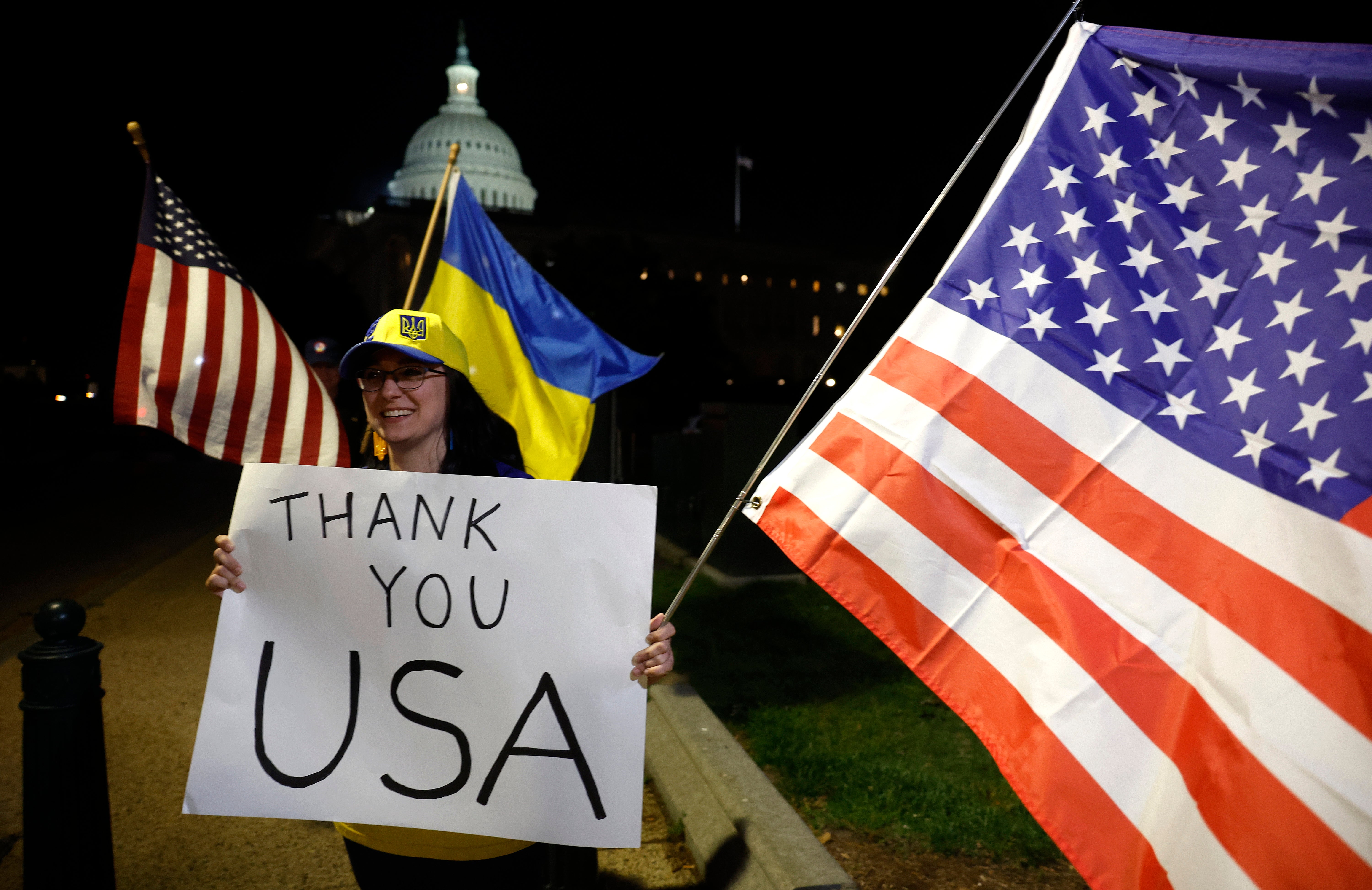 Supporters of Ukraine rally outside the US Capitol after the Senate passed a foreign aid bill to help Kyiv defend against the Russian invasion