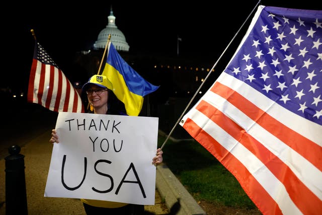 Supporters of Ukraine rally outside the U.S. Capitol after the Senate passed a foreign aid bill on April 23, 2024 in Washington, DC