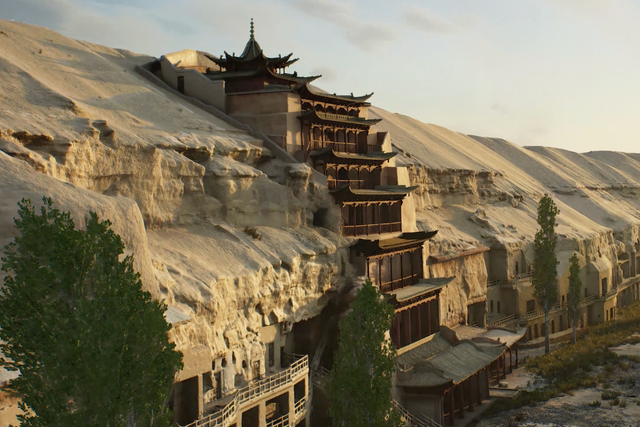 <p>The Digital Library Cave project re-creates the 5,250-feet-long external cliff face of the Mogao Caves in Dunhuang, Gansu province </p>