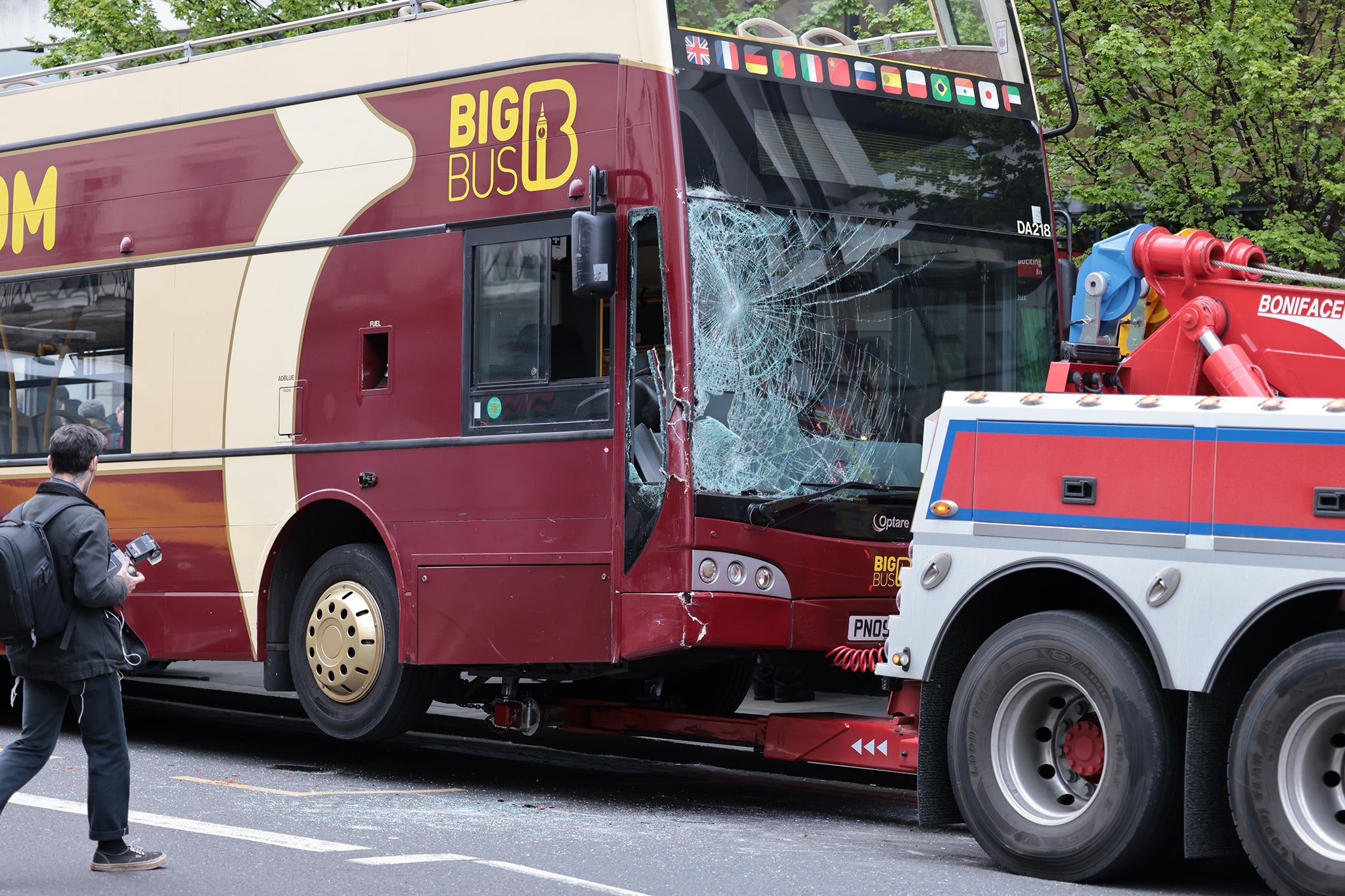 The damaged tour bus after a horse collided with its windscreen