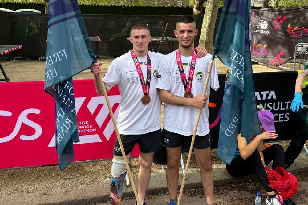 Oleksii Rudenko (left) and Heorhii Roshka (right) ran in the London Marathon on Sunday (Dmytro Morkotonov/PA)