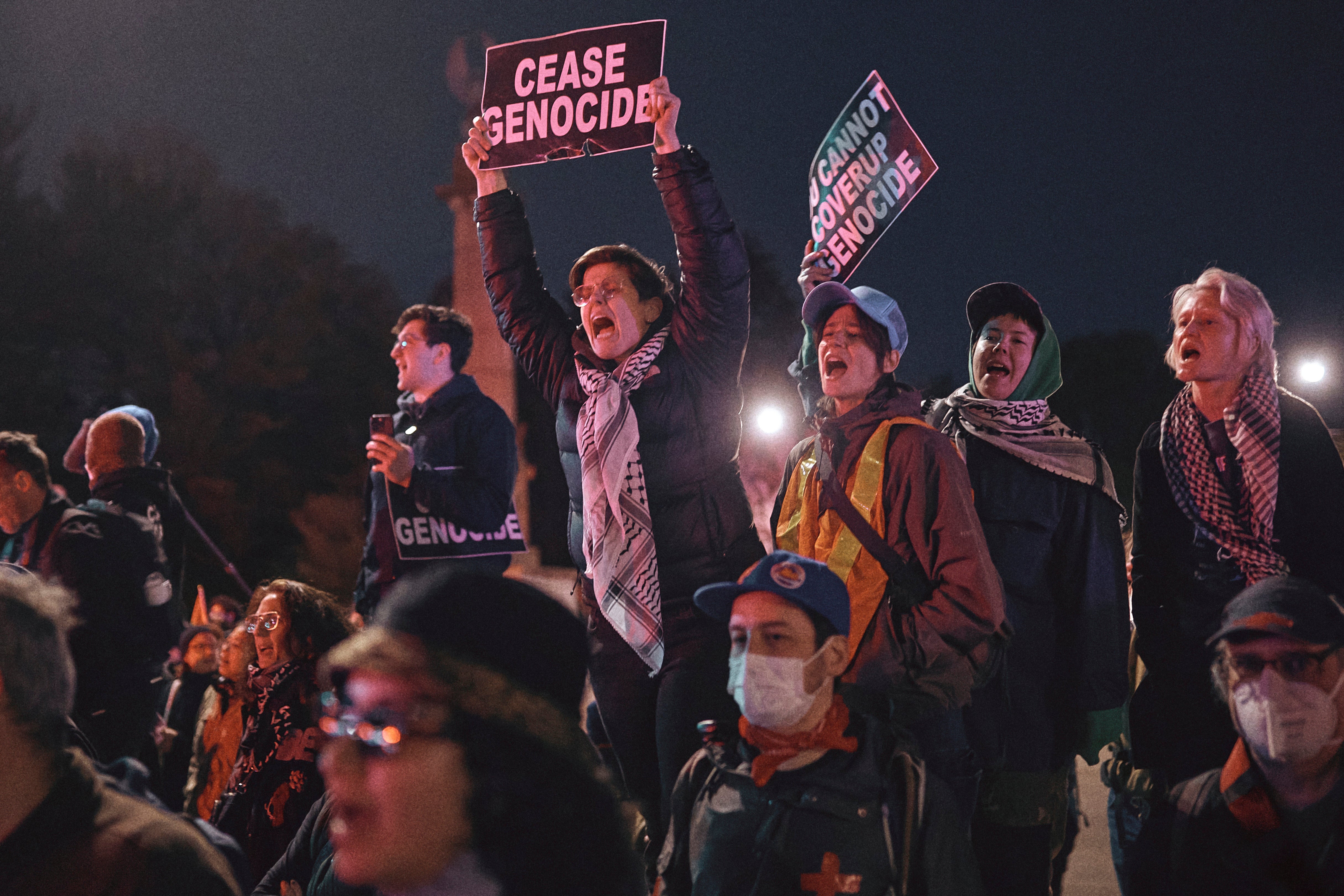 Protesters shout slogans during a pro-Palestinian demonstration demanding a permanent ceasefire in Gaza, near the home of Sen Chuck Schumer in Brooklyn