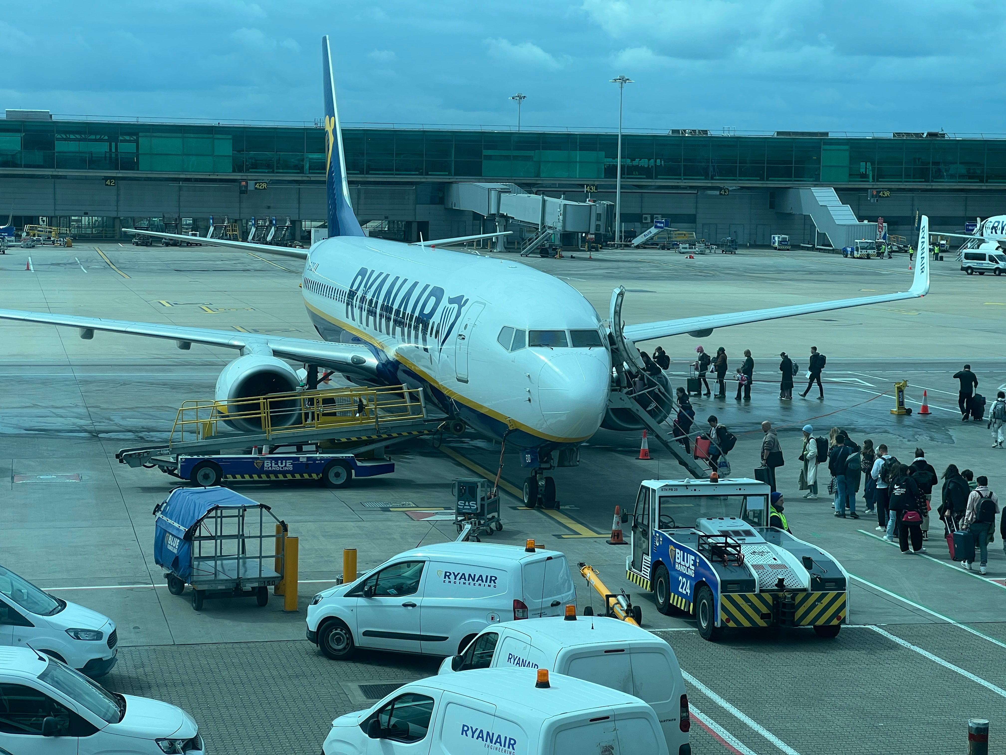 Going places: Passengers boarding Boeing 737-800 belonging to Ryanair at London Stansted airport