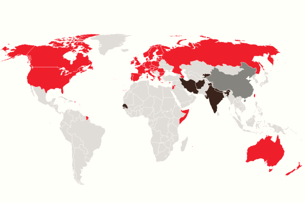 Countries where TikTok is either banned (black), partially banned (red) or unavailable (grey) in April 2024