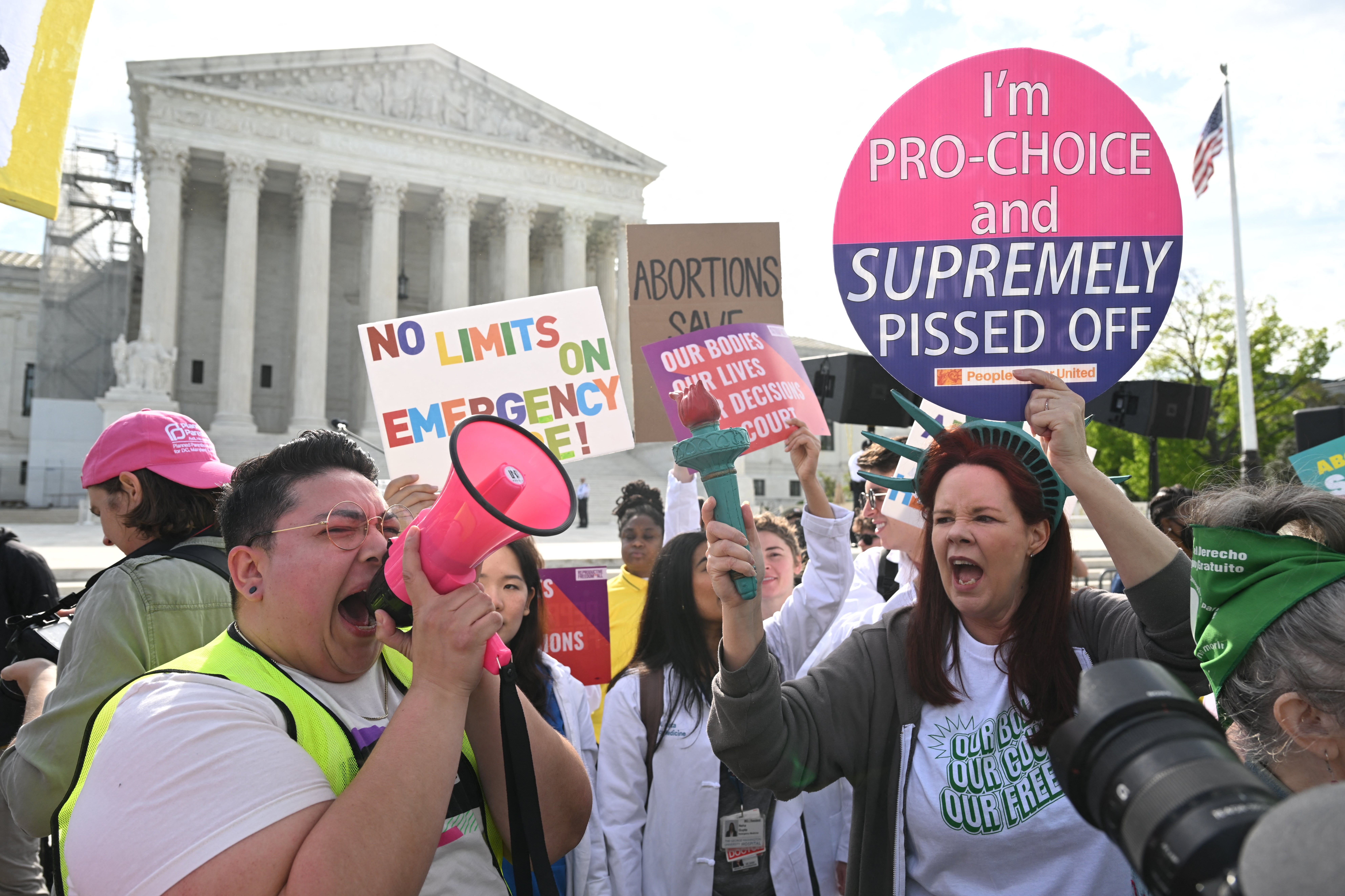 Pro-abortion activist rally for "reproductive rights and emergency abortion care," outside the US Supreme Court as it hears arguments in the Moyle v. United States case, in Washington, DC, on April 24, 2024.