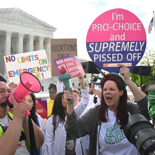 <p>Pro-abortion activist rally for "reproductive rights and emergency abortion care," outside the US Supreme Court as it hears arguments in the Moyle v. United States case, in Washington, DC, on April 24, 2024.</p>