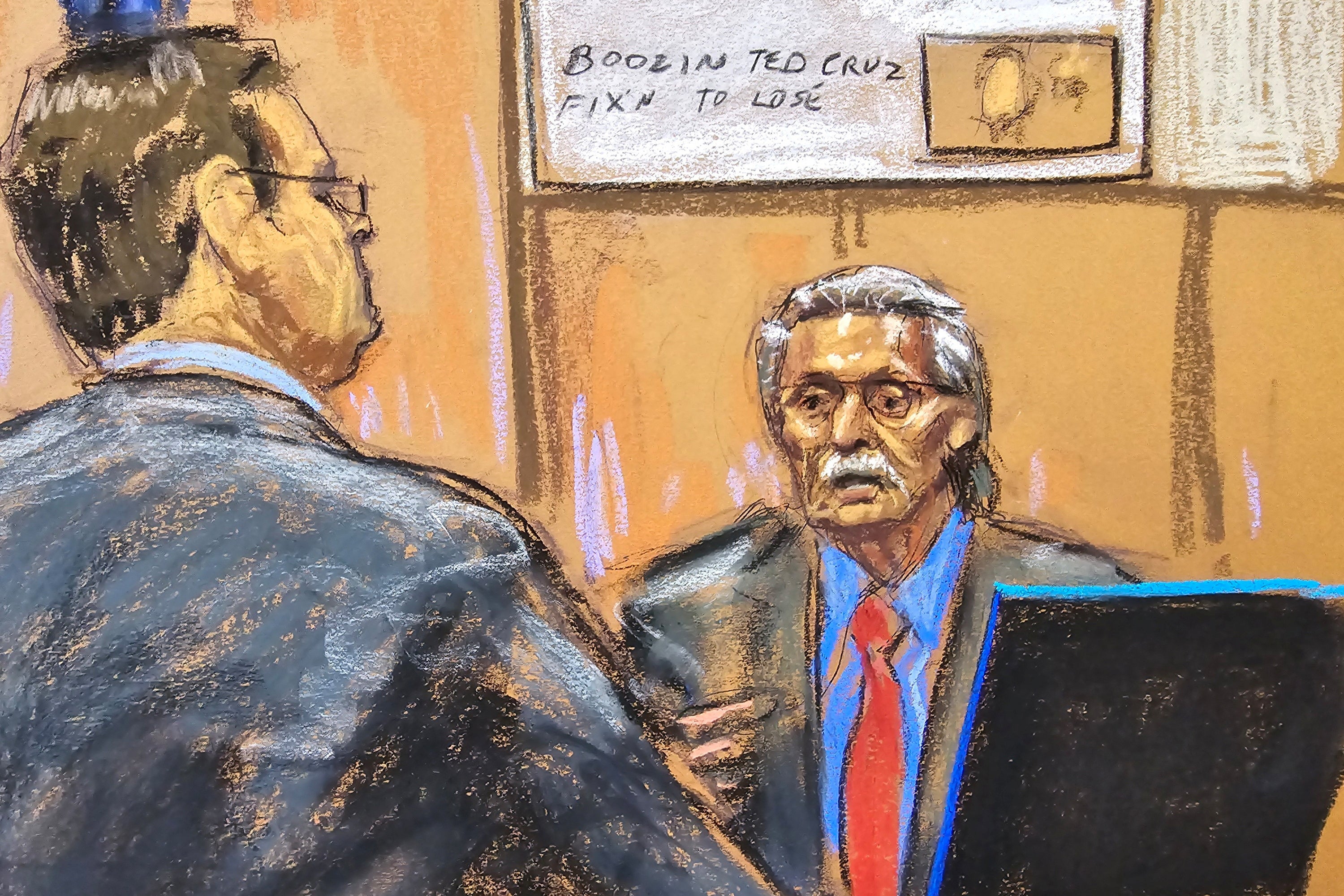 A courtroom sketch depicts Manhattan prosecutor Joshua Steinglass questioning David Pecker during Donald Trump’s hush money trial on 23 April