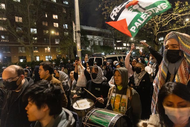 Pro-Palestinian supporters rally outside Columbia University on April 23, 2024 in New York City. In response to recent campus unrest and anxieties regarding Jewish student safety, Columbia University President Minouche Shafik announced a shift to online learning for Monday