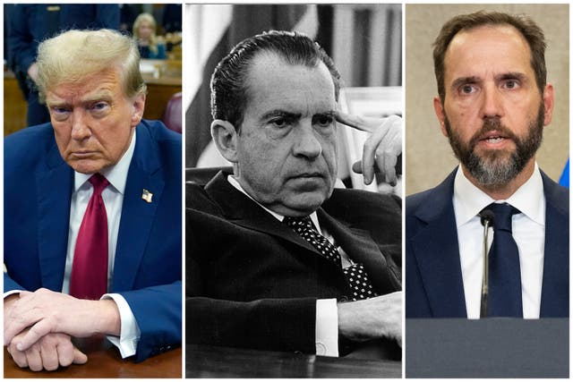 <p>Donald Trump (left) and Jack Smith (right) have both invoked cases involving Richard Nixon (centre) to make their arguments to the Supreme Court in the presidential immunity case </p>