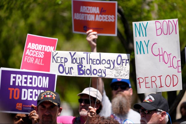 <p>Abortion rights supporters gather outside the Capitol, Wednesday, April 17, 2024, in Phoenix. Arizona </p>