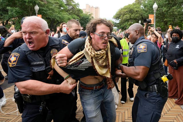 Texas state troopers arrest a man at a pro-Palestinian protest at the University of Texas, during the ongoing conflict between Israel and the Palestinian Islamist group Hamas, in Austin, Texas, U.S. April 24, 2024