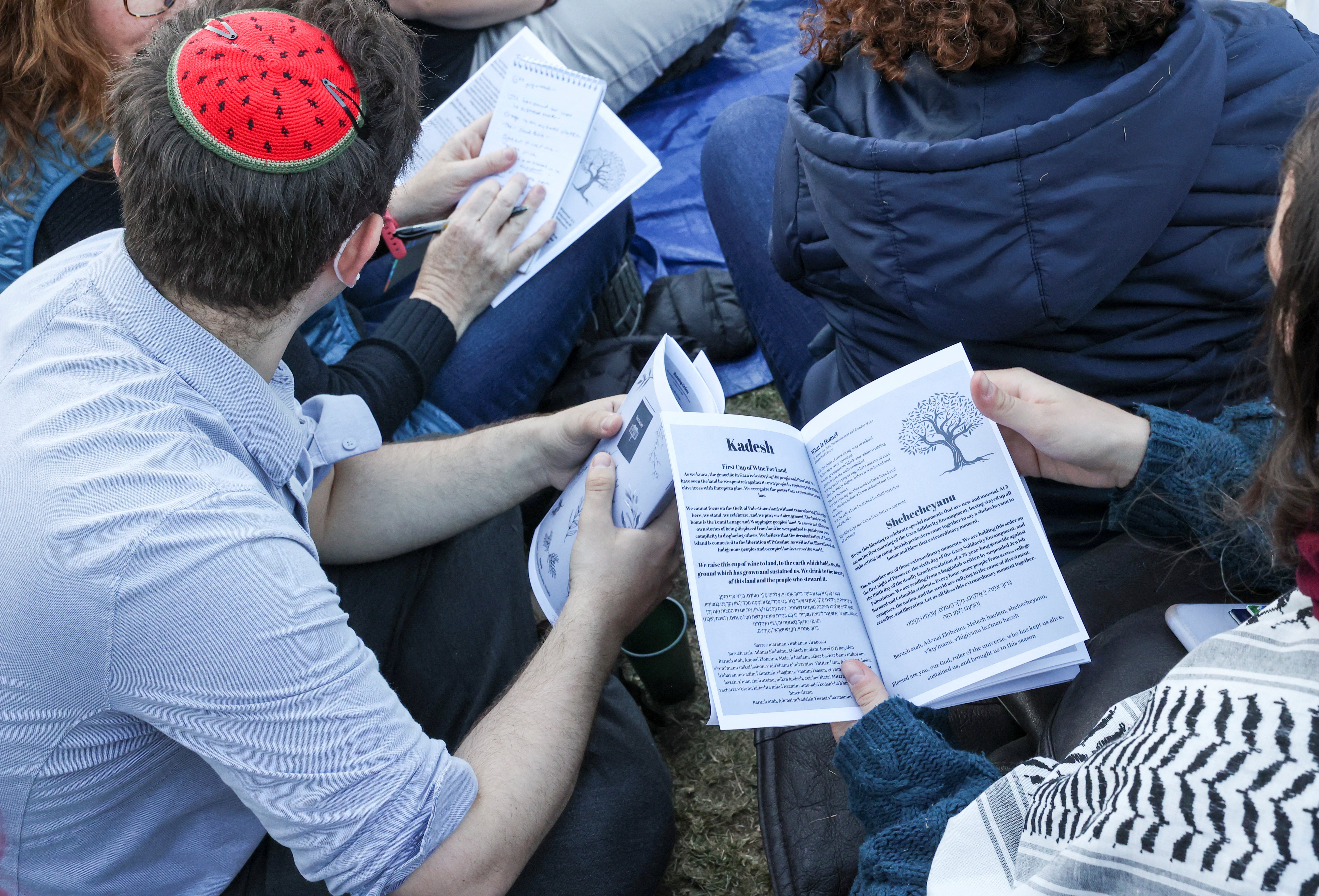 A collective of groups organised by Jewish students at Columbia and Barnard in solidarity with Gaza and the protest encampment host Passover Seder at Columbia University on April 22, 2024
