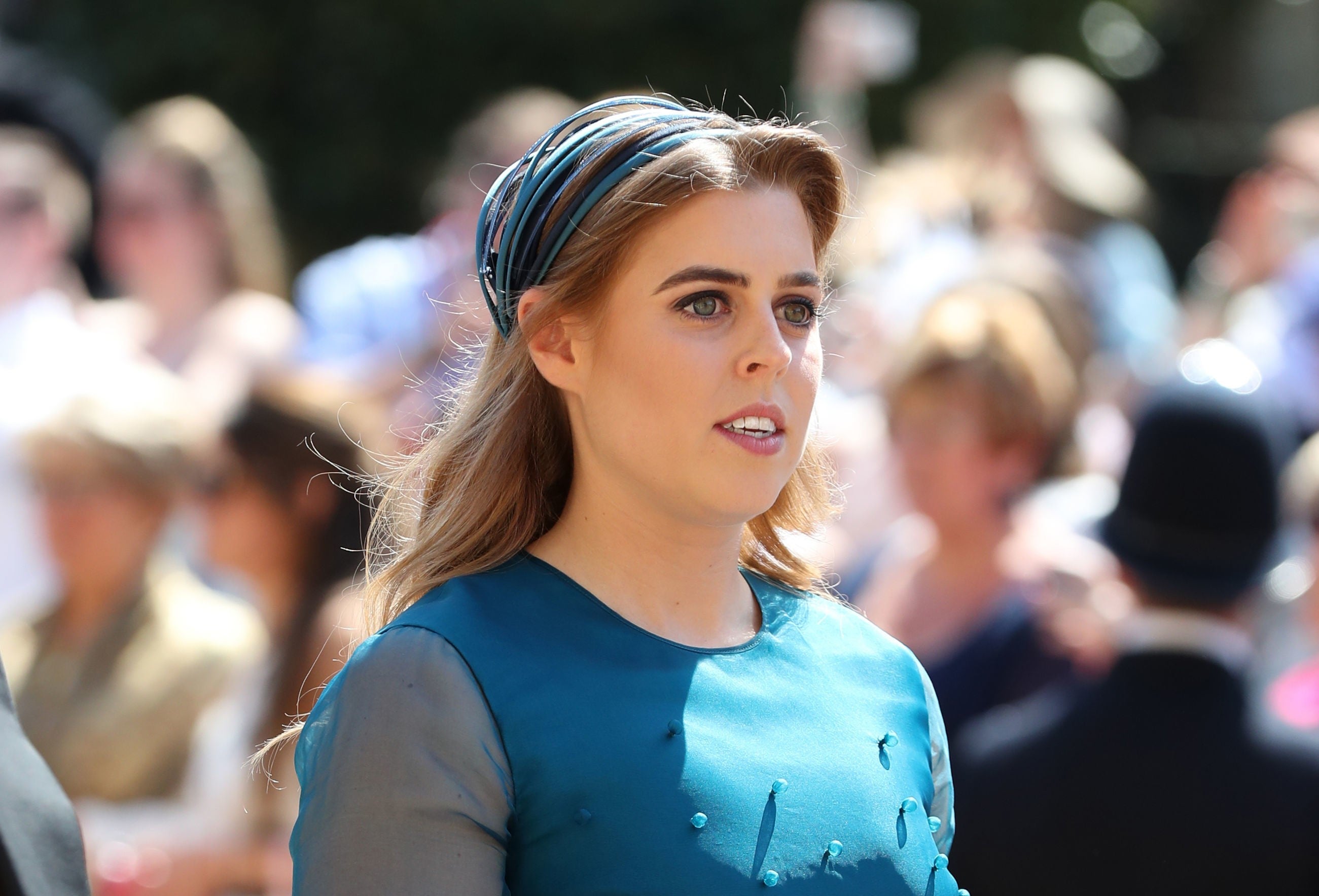 Princess Beatrice arrives at St George’s Chapel at Windsor Castle before the wedding of Prince Harry to Meghan Markle on May 19, 2018