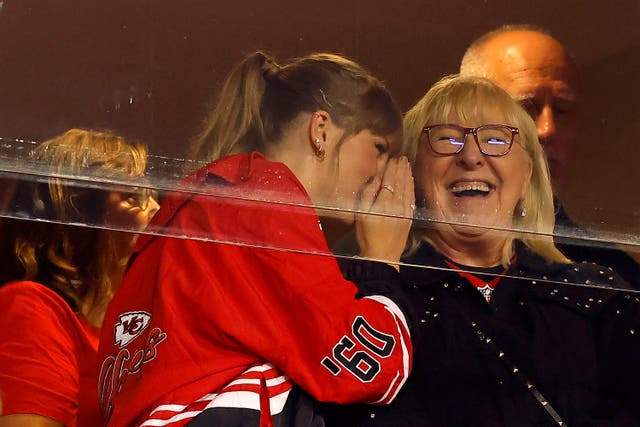 <p>Taylor Swift and Donna Kelce look on before the game between the Kansas City Chiefs and the Denver Broncos on October 12, 2023 in Kansas City, Missouri</p>