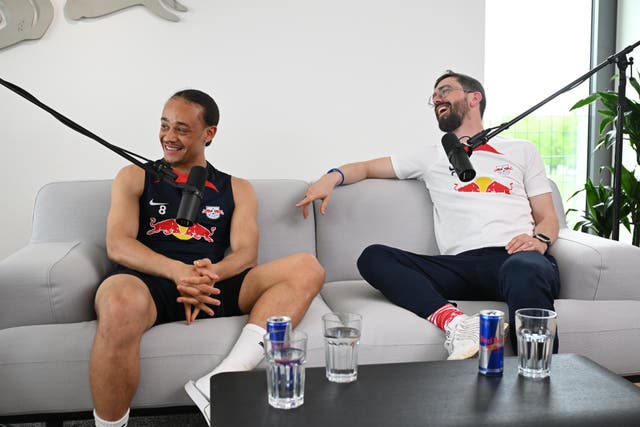 Xavi Simons and Dr Peter Schneider on Red Bull’s Mind Set Win podcast in Leipzig, Germany. (Florian Eisele/PA)