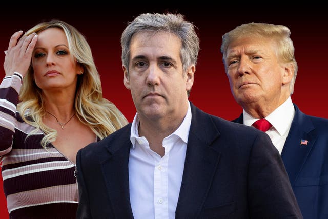 <p>Tangled webs: Donald Trump (right) is on criminal trial in New York over alleged hush money payments made to porn star Stormy Daniels (right) ahead of the 2016 election. Mr Trump’s former fixer and attorney Michael Cohen (centre) has testified in court that he made payments on Mr Trump’s behalf </p>