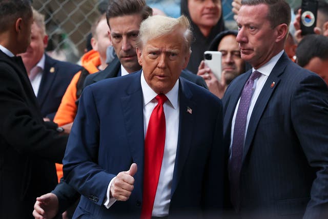 <p>Former president Donald Trump meets construction workers in midtown Manhattan on Thursday 25 April 2024</p>